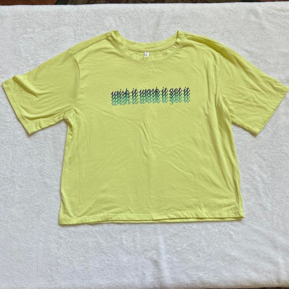 Fabletics Yellow cropped tee with "wish it work it get it" graphic women medium